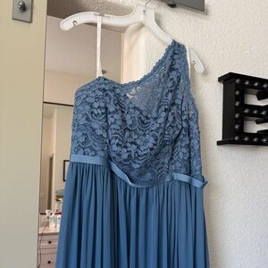 David's Bridal Blue One-Shoulder Gown for Weddings